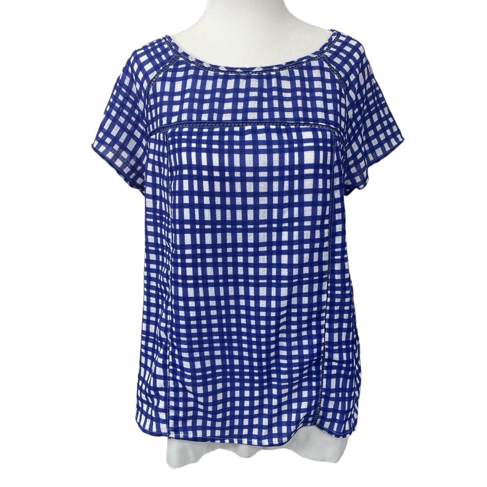 Alfred Sung Womens Blue & White Checkered Gingham Top Blouse Size S